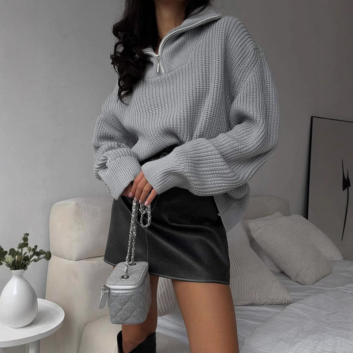 Damö Oversized Stickad Tröja med Hög Krage och Dragkedja Mirla-Eva Jonsson