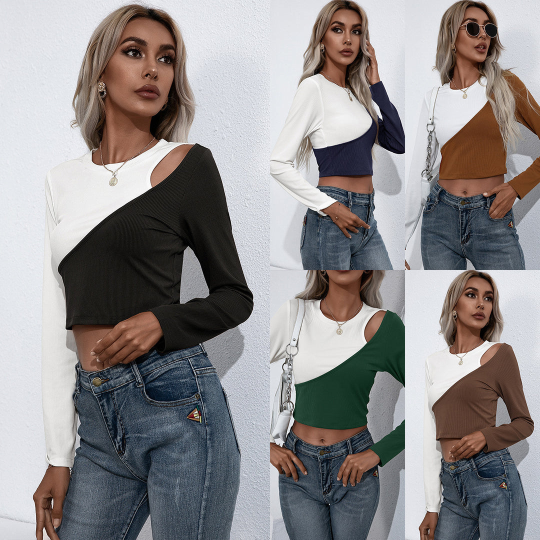 Dams Asymmetrisk Långärmad Crop-Top i ribbat material med unik färgdesign Eva Jonsson-Eva Jonsson