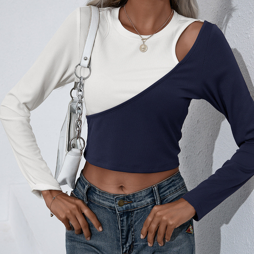 Dams Asymmetrisk Långärmad Crop-Top i ribbat material med unik färgdesign Eva Jonsson-Eva Jonsson