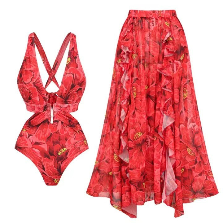 Dams Baddräkt och Maxikjol-Set med Blommiga Accenter och Eleganta Volangdetaljer Mirla-Eva Jonsson