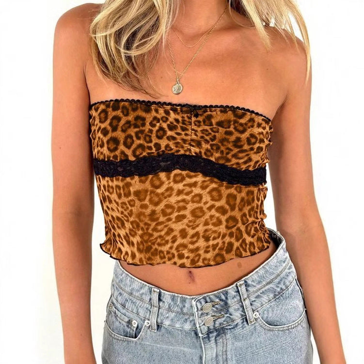 Dams Bandeau-top med trendigt leopardmönster och ömt spetskant Mirla-Eva Jonsson