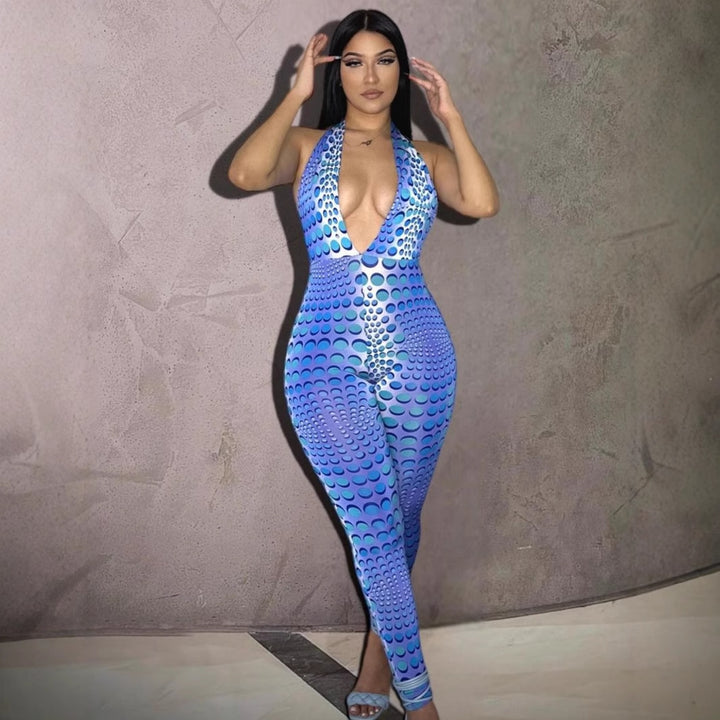 Dams Bodycon jumpsuit med djup V-ringning och exklusiv mönster Mirla-Eva Jonsson