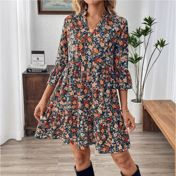Dams Boho-inspirerat klänning med 3/4-ärmar och snörningslook Eva Jonsson-Eva Jonsson