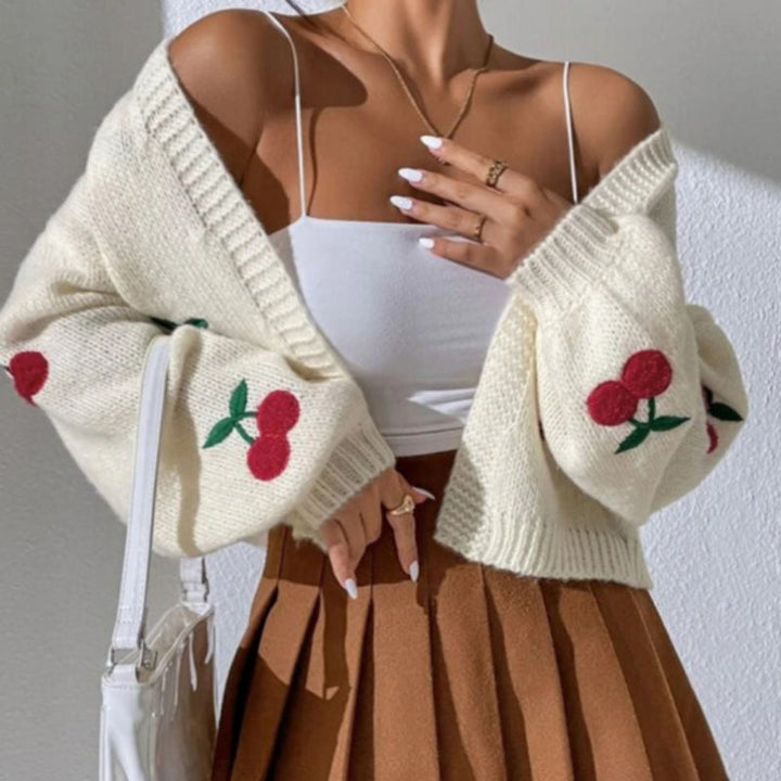 Dams Cardigan med Blommigt Körsbärsmotiv Mirla-Eva Jonsson