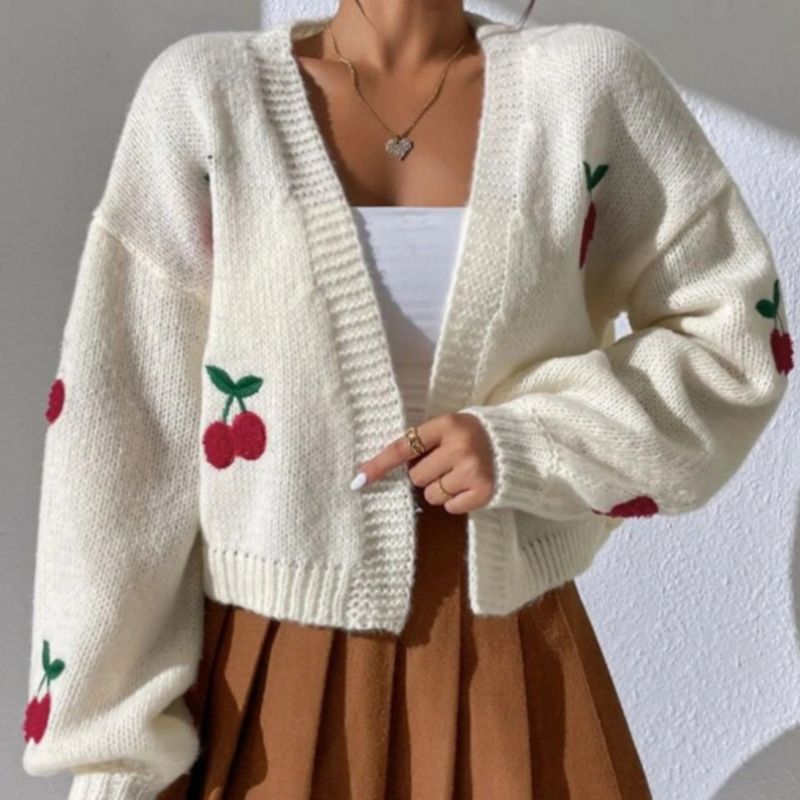 Dams Cardigan med Blommigt Körsbärsmotiv Mirla-Eva Jonsson