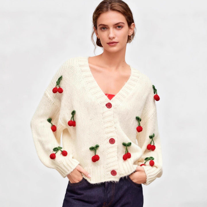 Dams Cardigan med Glad Körsbärsdesign och Praktiska Knappdetaljer Mirla-Eva Jonsson