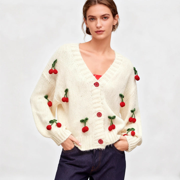 Dams Cardigan med Glad Körsbärsdesign och Praktiska Knappdetaljer Mirla-Eva Jonsson
