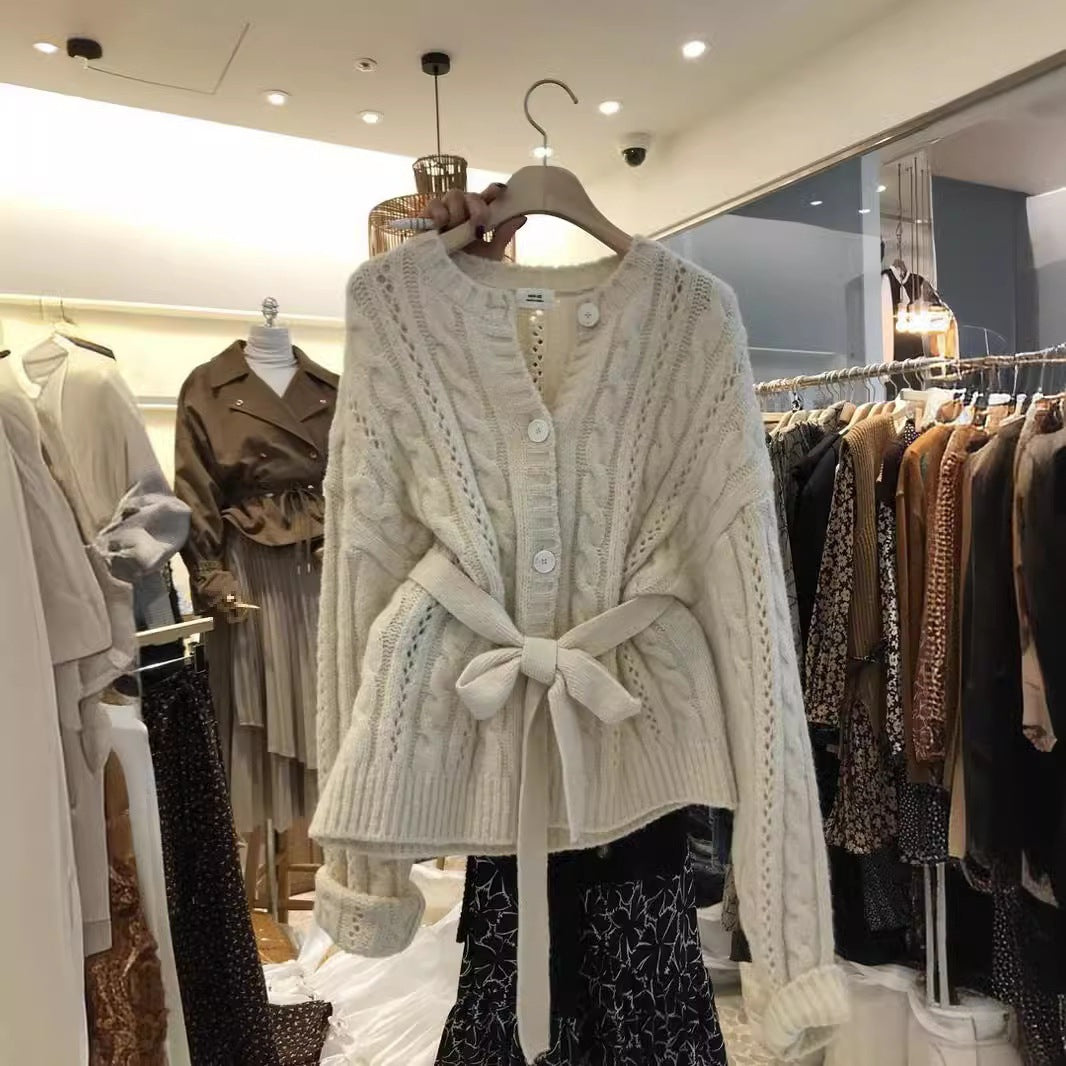 Dams Cardigan med Midjebälte och Flätmönster Mirla-Eva Jonsson