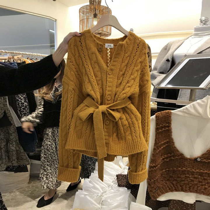 Dams Cardigan med Midjebälte och Flätmönster Mirla-Eva Jonsson