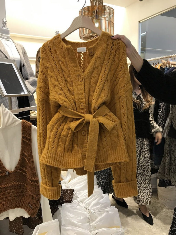 Dams Cardigan med Midjebälte och Flätmönster Mirla-Eva Jonsson