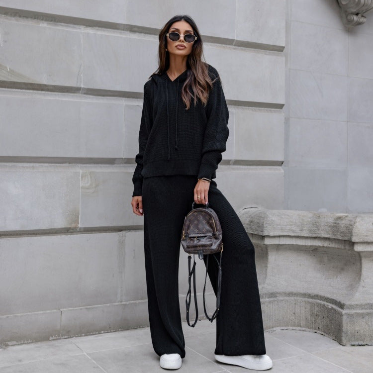 Dams Cozy Knit Kostym med Huva och Vida Ben Mirla-Eva Jonsson