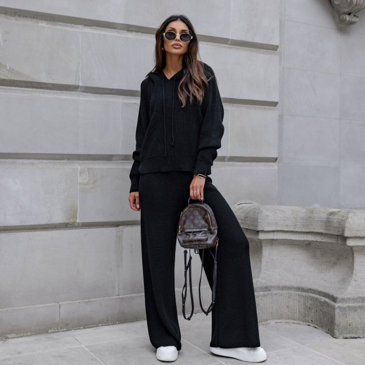 Dams Cozy Knit Kostym med Huva och Vida Ben Mirla-Eva Jonsson