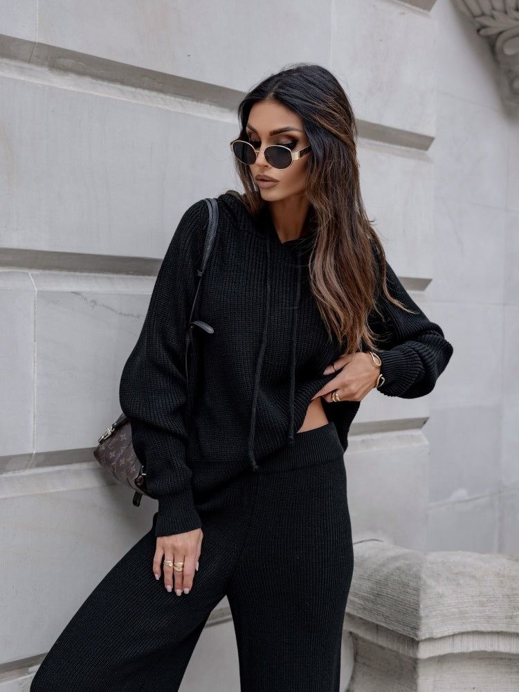 Dams Cozy Knit Kostym med Huva och Vida Ben Mirla-Eva Jonsson