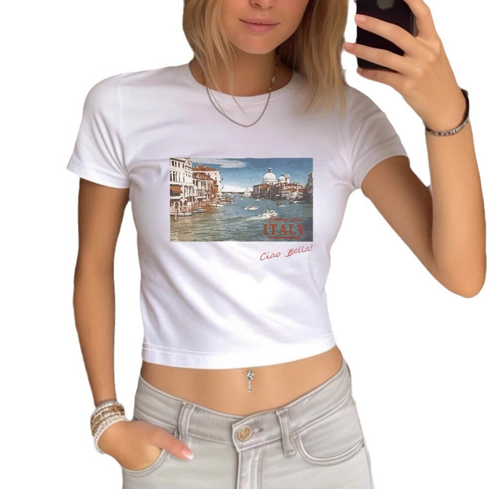 Dams Crop-T-Shirt med kreativt ögonmotiv och turnétryck Mirla-Eva Jonsson