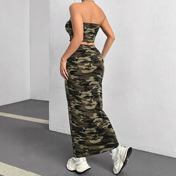 Dams Crop-top och Maxikjol Set med Kamouflage-mönster Eva Jonsson-Eva Jonsson