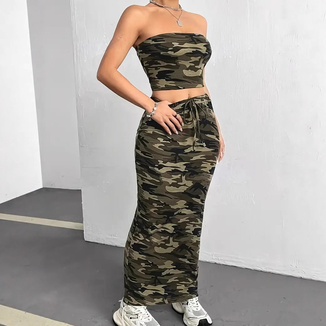 Dams Crop-top och Maxikjol Set med Kamouflage-mönster Eva Jonsson-Eva Jonsson