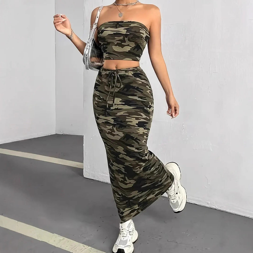 Dams Crop-top och Maxikjol Set med Kamouflage-mönster Eva Jonsson-Eva Jonsson
