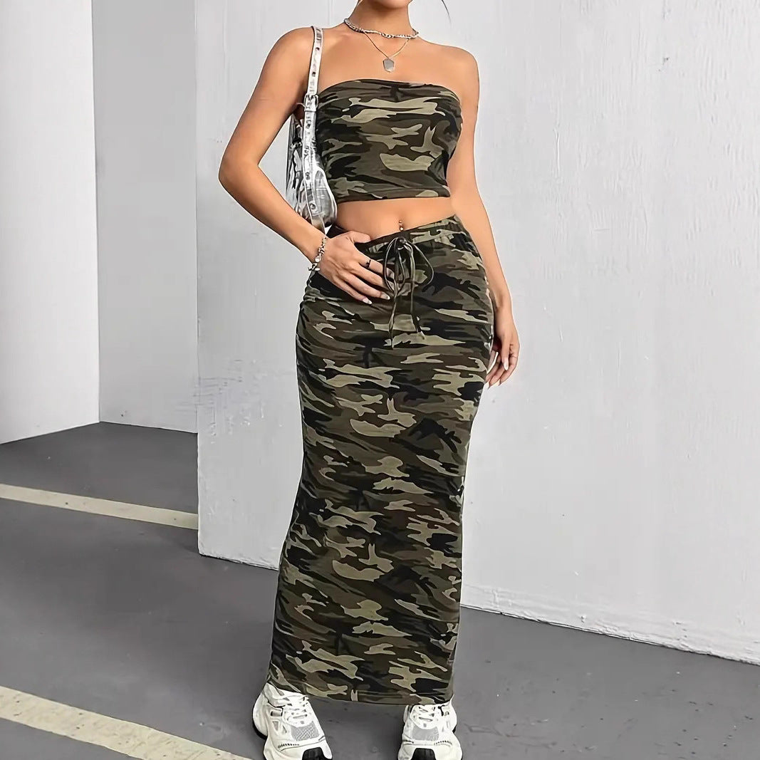 Dams Crop-top och Maxikjol Set med Kamouflage-mönster Eva Jonsson-Eva Jonsson