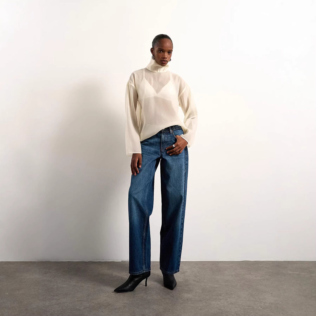 Dams Elegant Blus i transparent tyg med stående krage Mirla-Eva Jonsson