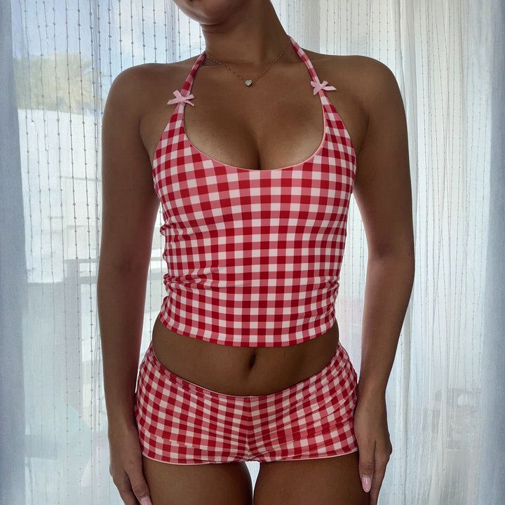 Dams Gingham mönster baddräkt med justerbar halterneck Mirla-Eva Jonsson