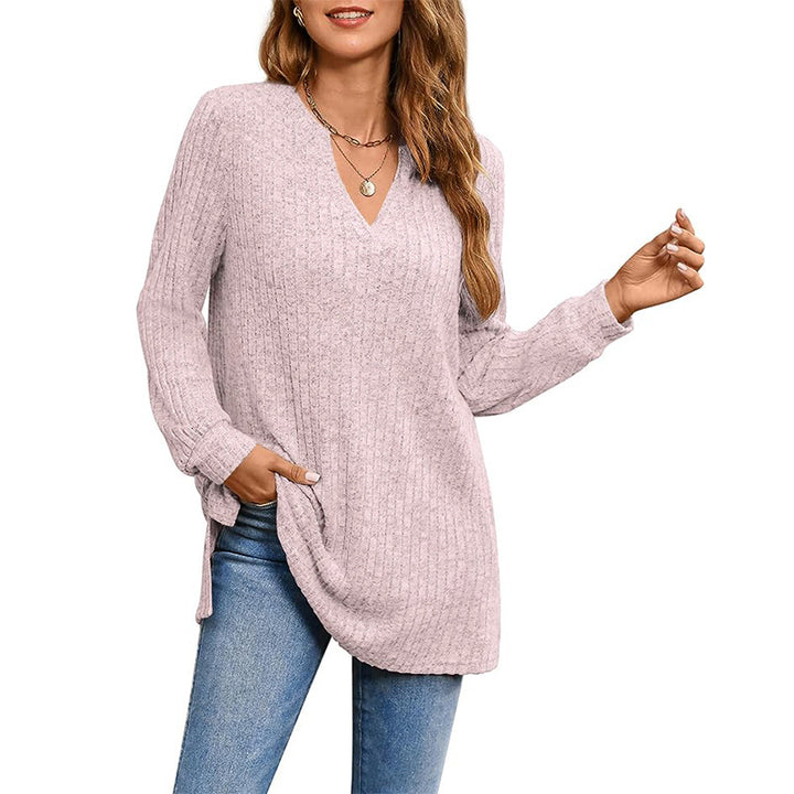 Dams Loose Knit Tunic med Sidofickor och V-Ringning Eva Jonsson-Eva Jonsson