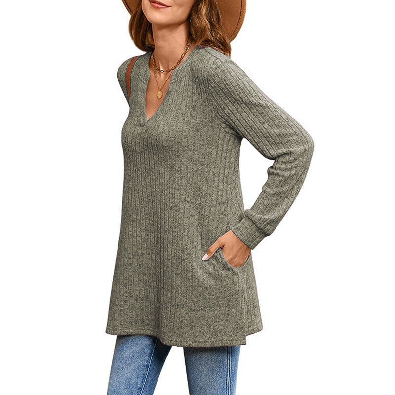 Dams Loose Knit Tunic med Sidofickor och V-Ringning Eva Jonsson-Eva Jonsson