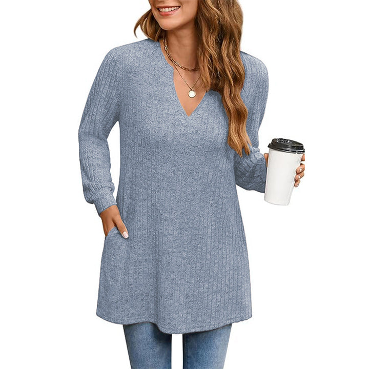 Dams Loose Knit Tunic med Sidofickor och V-Ringning Eva Jonsson-Eva Jonsson