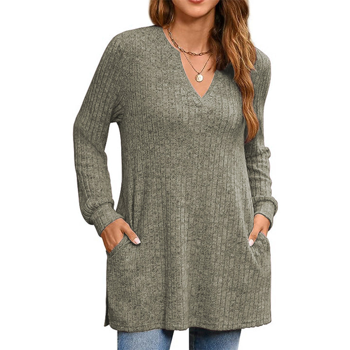 Dams Loose Knit Tunic med Sidofickor och V-Ringning Eva Jonsson-Eva Jonsson