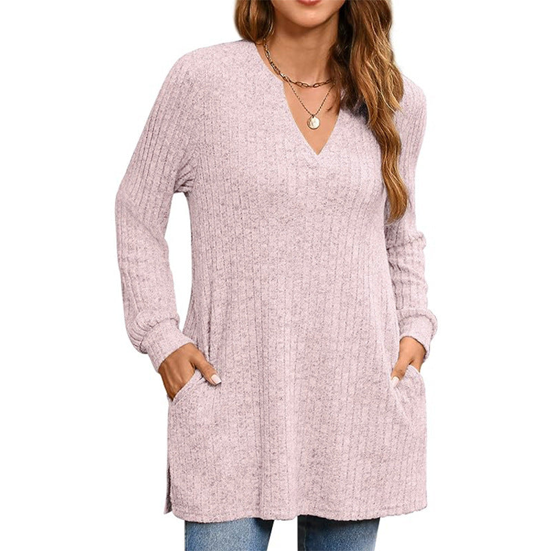 Dams Loose Knit Tunic med Sidofickor och V-Ringning Eva Jonsson-Eva Jonsson