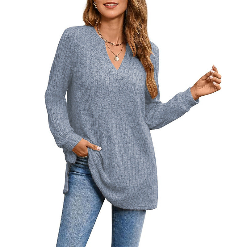 Dams Loose Knit Tunic med Sidofickor och V-Ringning Eva Jonsson-Eva Jonsson