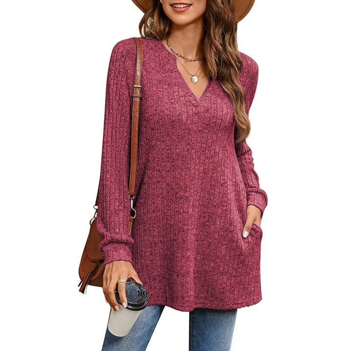 Dams Loose Knit Tunic med Sidofickor och V-Ringning Eva Jonsson-Eva Jonsson