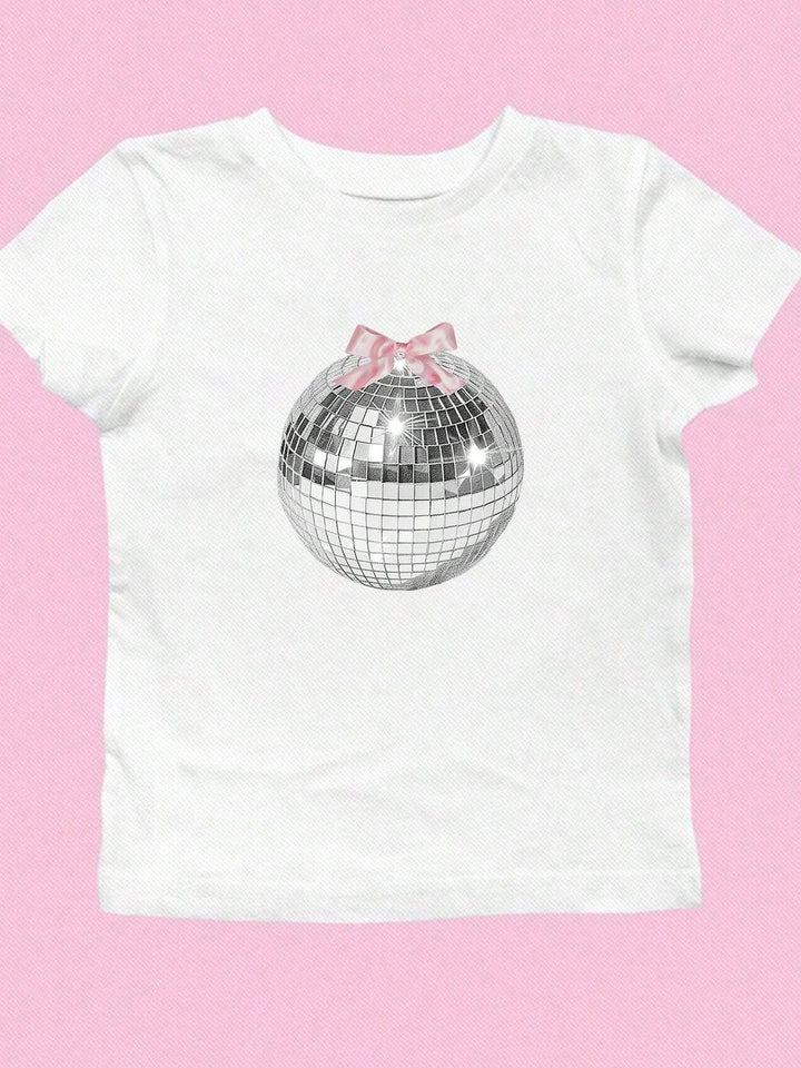 Dams T-shirt med glittrande diskokula-motiv och samtida slinga-detail Mirla-Eva Jonsson