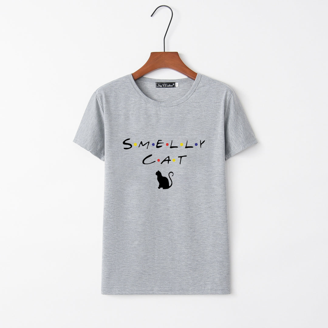 Dams T-shirt med kreativ kattdesign och rund halsringning Mirla-Eva Jonsson
