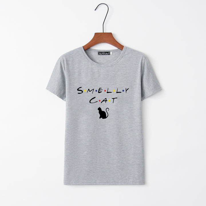 Dams T-shirt med kreativ kattdesign och rund halsringning Mirla-Eva Jonsson