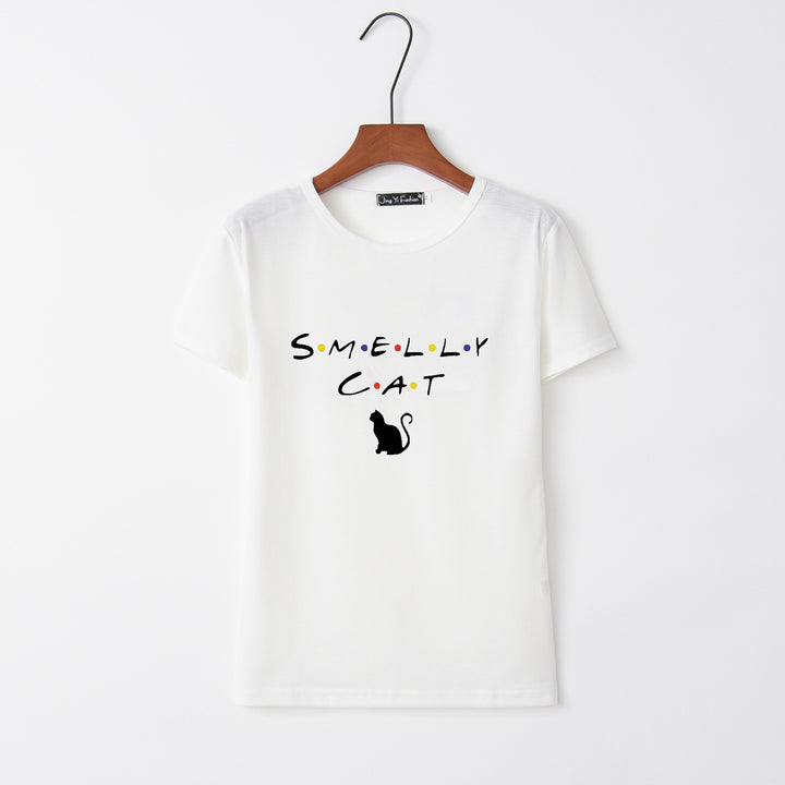 Dams T-shirt med kreativ kattdesign och rund halsringning Mirla-Eva Jonsson