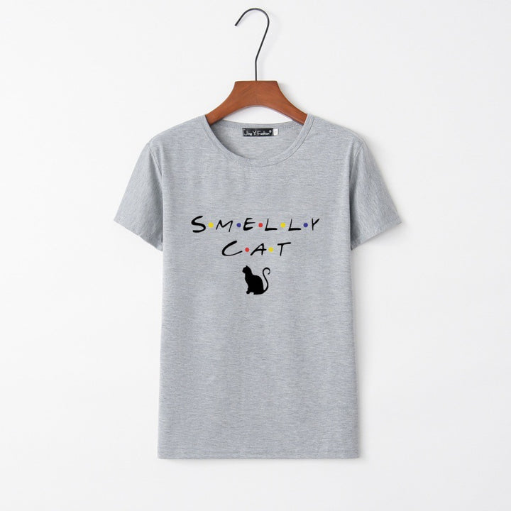 Dams T-shirt med kreativ kattdesign och rund halsringning Mirla-Eva Jonsson