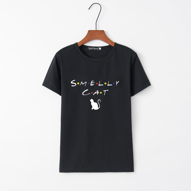 Dams T-shirt med kreativ kattdesign och rund halsringning Mirla-Eva Jonsson