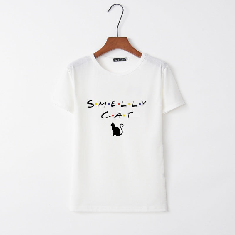 Dams T-shirt med kreativ kattdesign och rund halsringning Mirla-Eva Jonsson