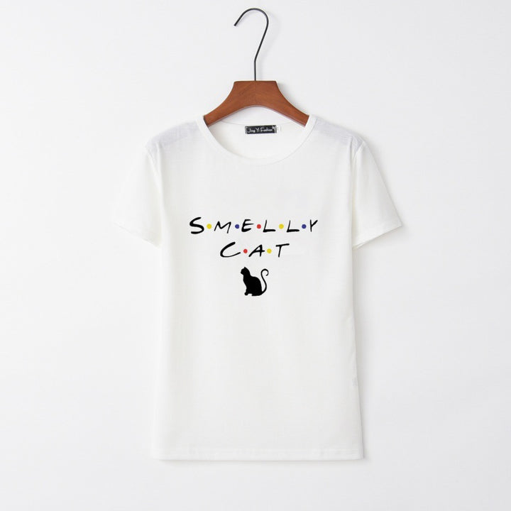 Dams T-shirt med kreativ kattdesign och rund halsringning Mirla-Eva Jonsson