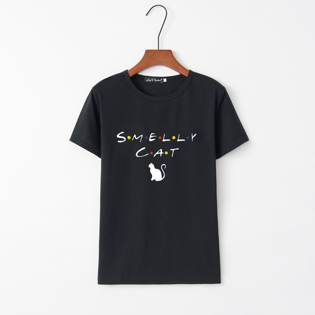 Dams T-shirt med kreativ kattdesign och rund halsringning Mirla-Eva Jonsson