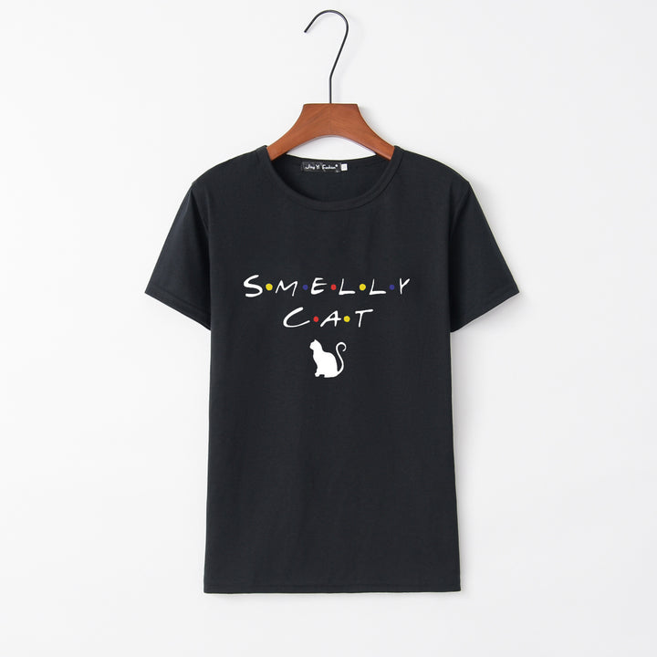 Dams T-shirt med kreativ kattdesign och rund halsringning Mirla-Eva Jonsson
