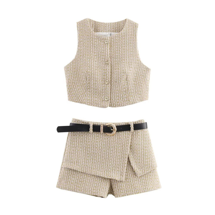 Dams Tweed-shorts-set med figursytt överdel och bälte Mirla-Eva Jonsson