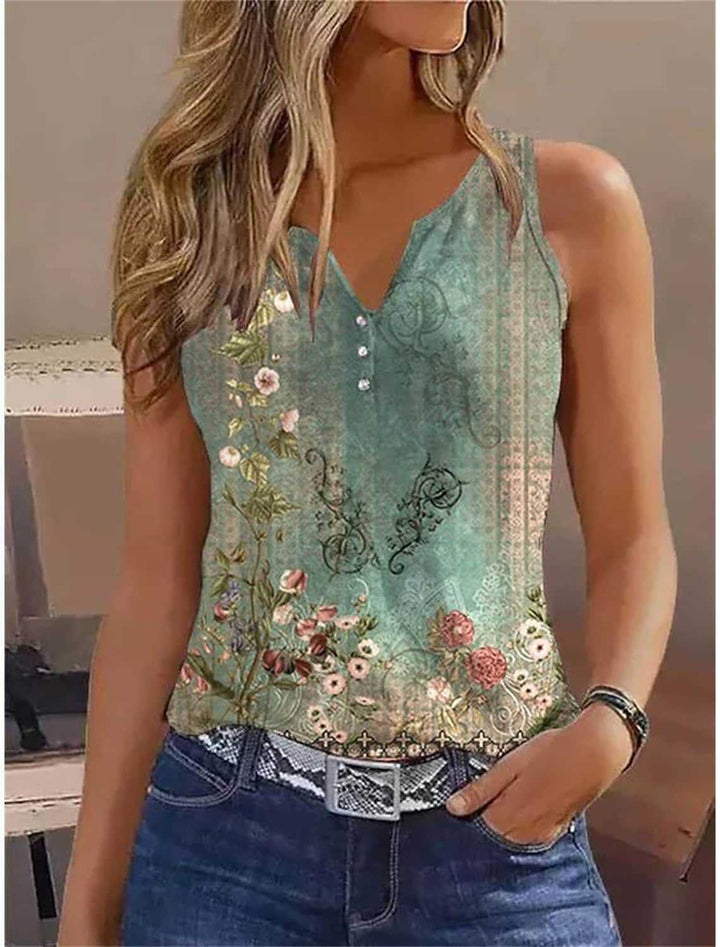 Dams ärmlös designöverdel med blommiga accenter och knapplist Mirla-Eva Jonsson