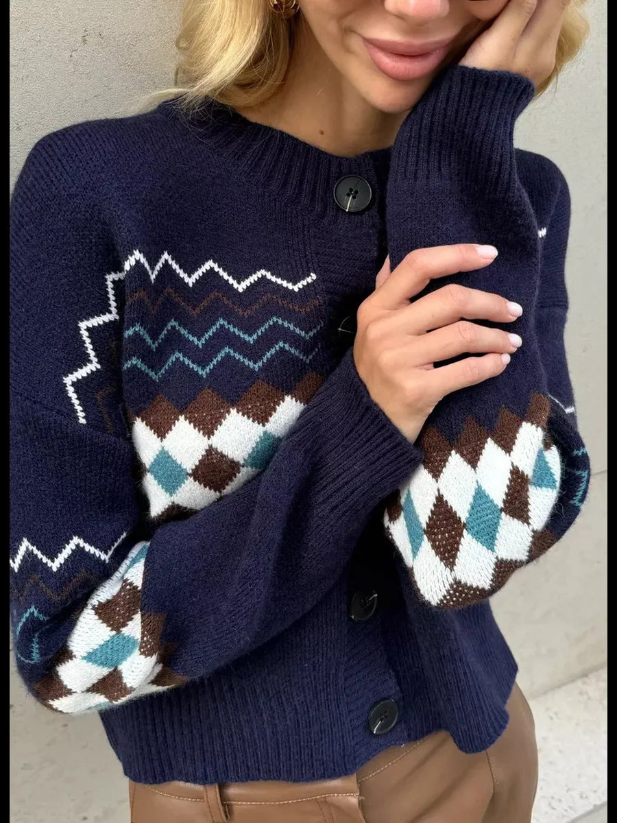 Dams cardigan med färgglad diamantmönster Mirla-Eva Jonsson