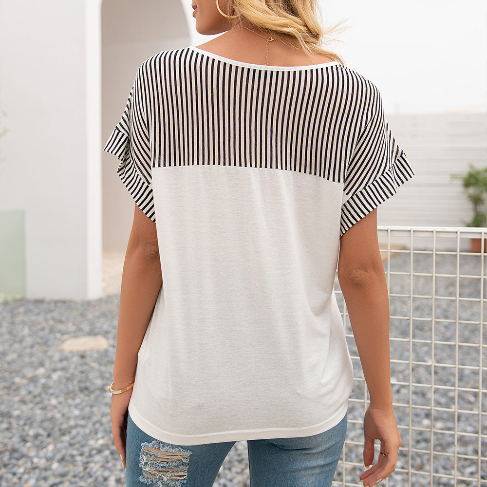 Dams casual V-hals T-shirt med randiga ärmar och lös passform Eva Jonsson-Eva Jonsson