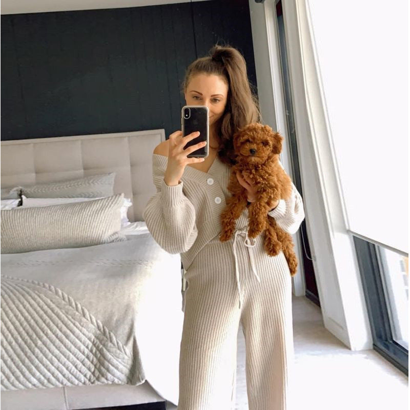 Dams casual knit set with button detail and side drawstring Eva Jonsson-Eva Jonsson