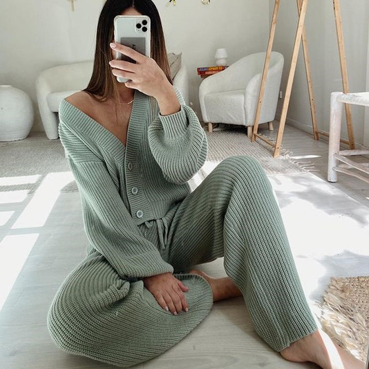 Dams casual knit set with button detail and side drawstring Eva Jonsson-Eva Jonsson