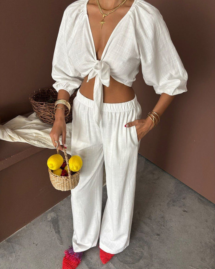 Dams elegant tvådelat set med knutoberdel och vida ben Mirla-Eva Jonsson