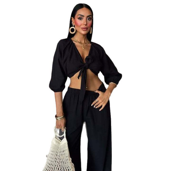 Dams elegant tvådelat set med knutoberdel och vida ben Mirla-Eva Jonsson