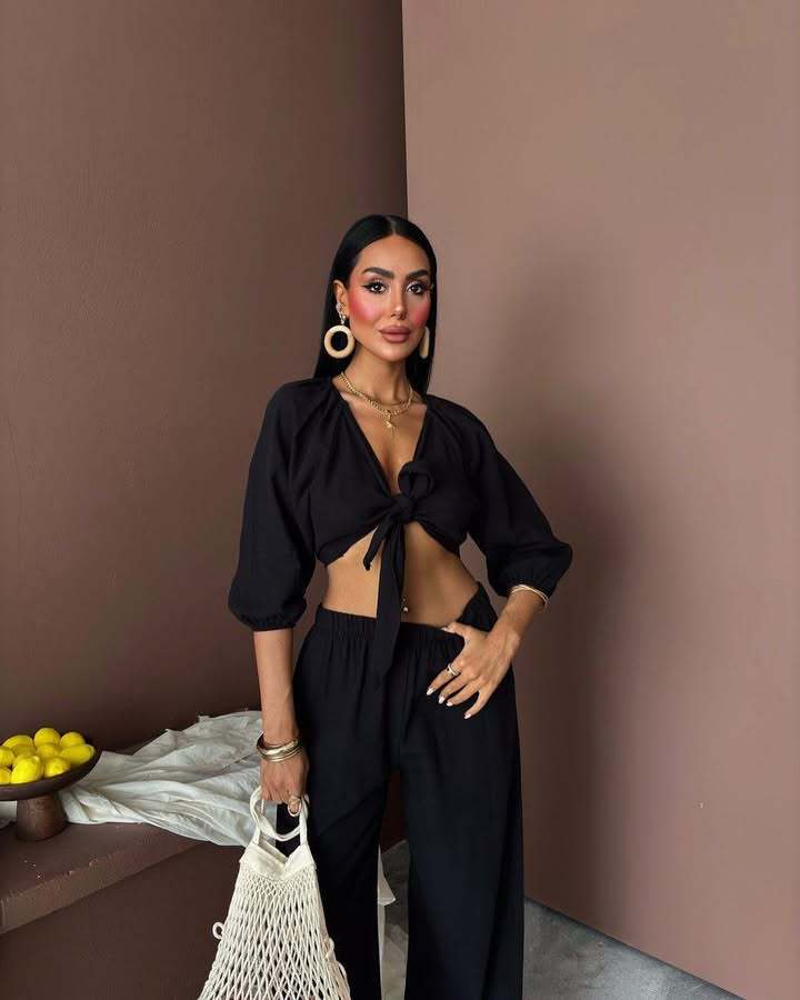 Dams elegant tvådelat set med knutoberdel och vida ben Mirla-Eva Jonsson
